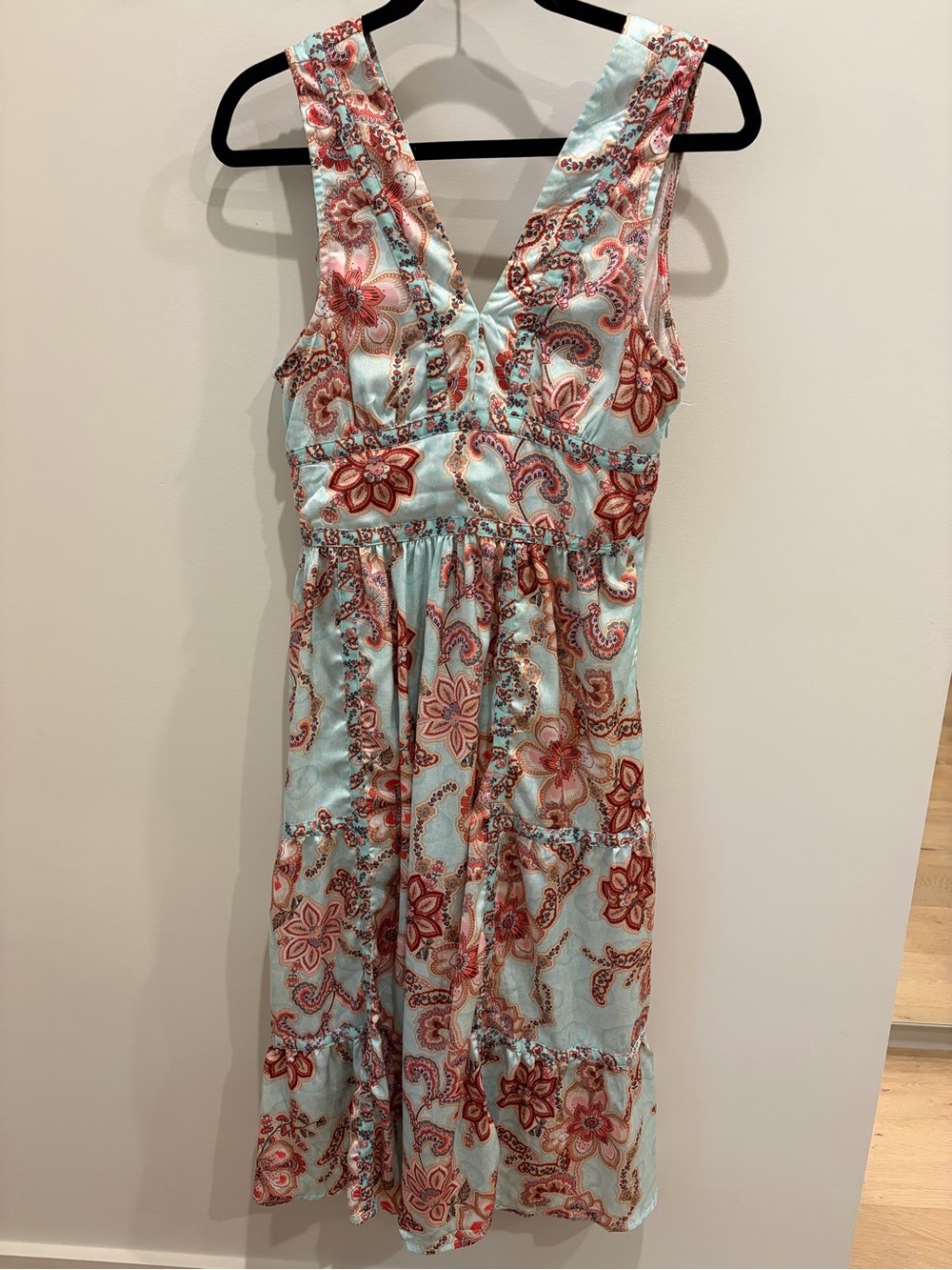 Sleeveless V-Neck Midi Dress in Aqua with Rust Floral Print